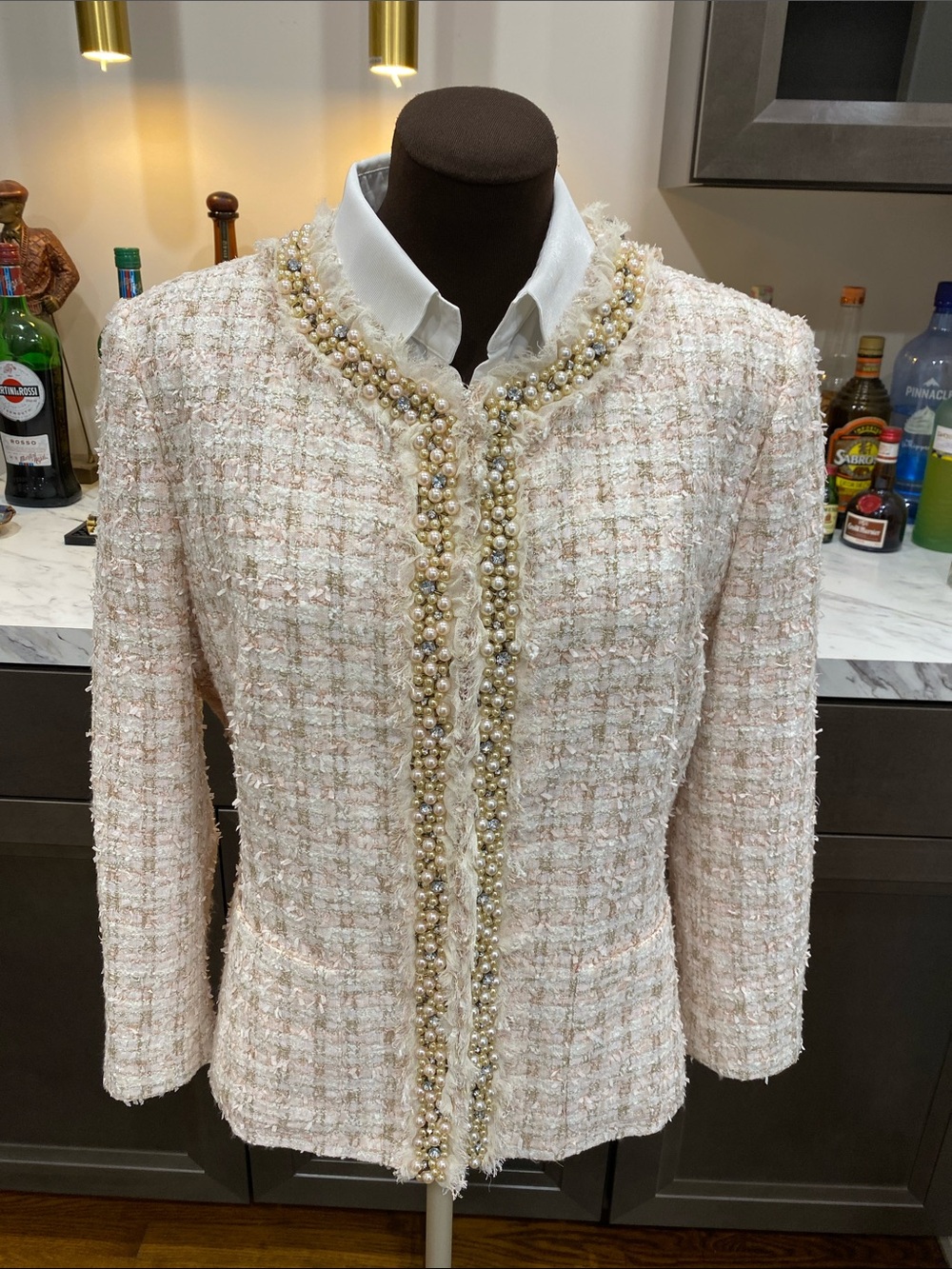 Neiman Marcus suit jacket coat blazer pastel jeweled tweed fringe ribbons XL